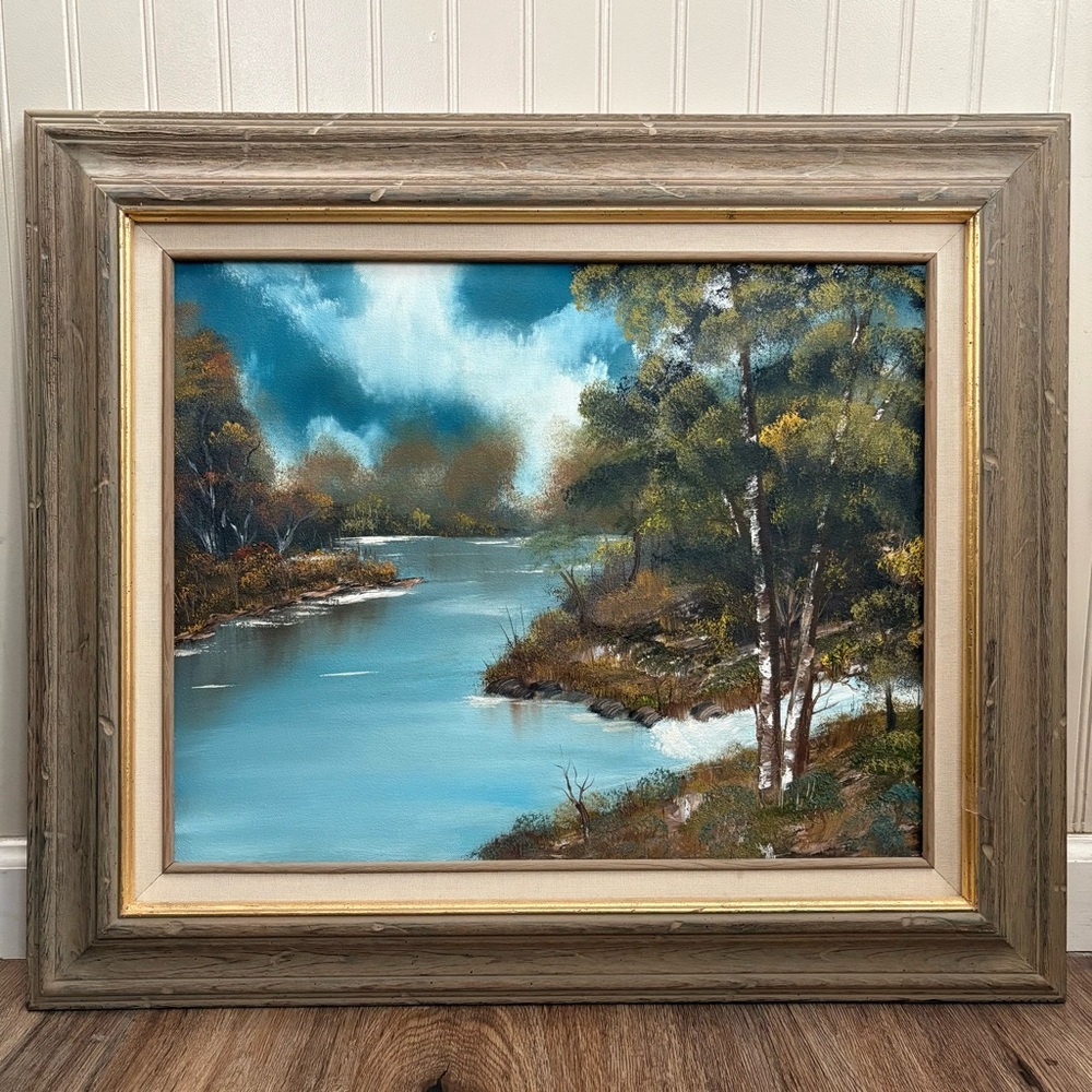 Vintage Landscape Oil Painting River Forest Serene Water Scene Framed/Signed VTG